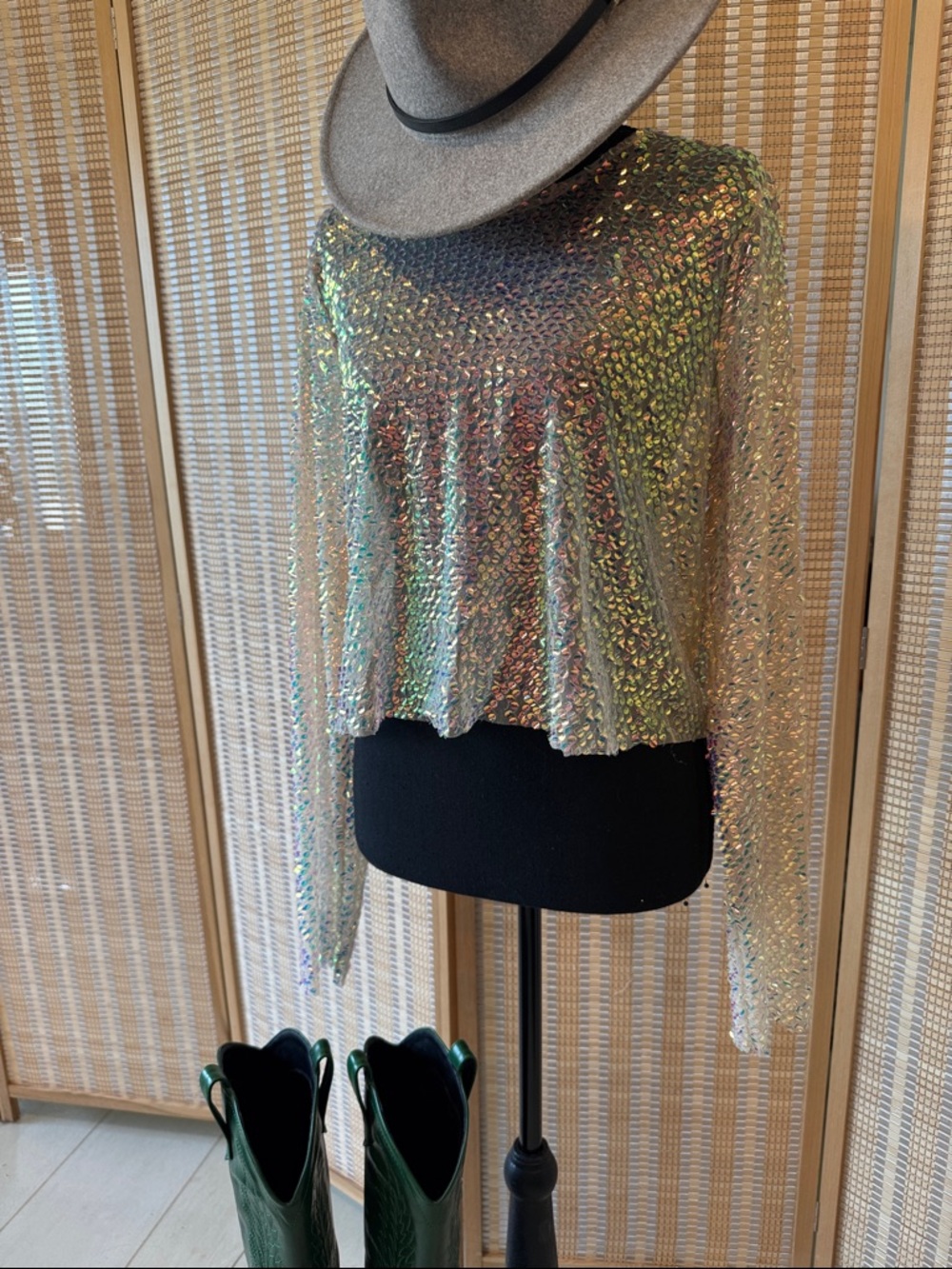 Zara Iridescent Sequin Long-Sleeve Crop Top